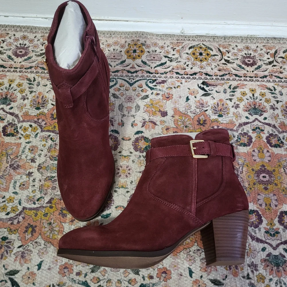 Suede Leather Red - Brown Burgundy Ankle Boots Sleek Bootie Buckle Size 8